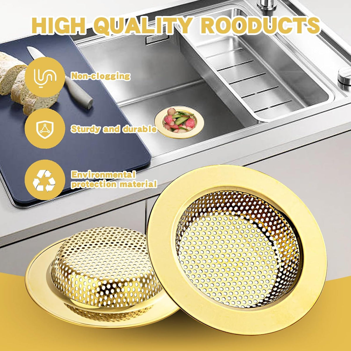 2Pack Stainless Kitchen Sink Strainer 4.4in Wide Rim Mesh Silver