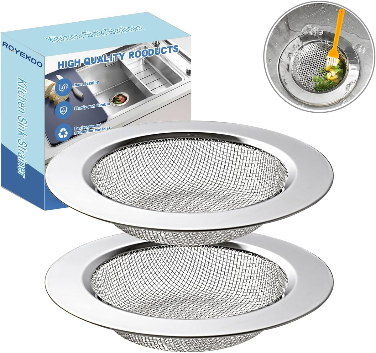 2Pack Stainless Kitchen Sink Strainer 4.4in Wide Rim Mesh Silver