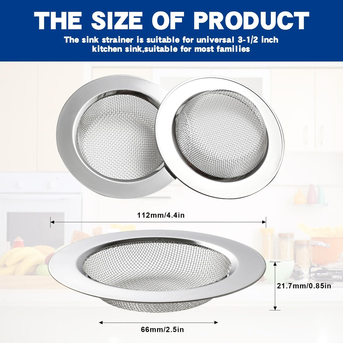 2Pack Stainless Kitchen Sink Strainer 4.4in Wide Rim Mesh Silver
