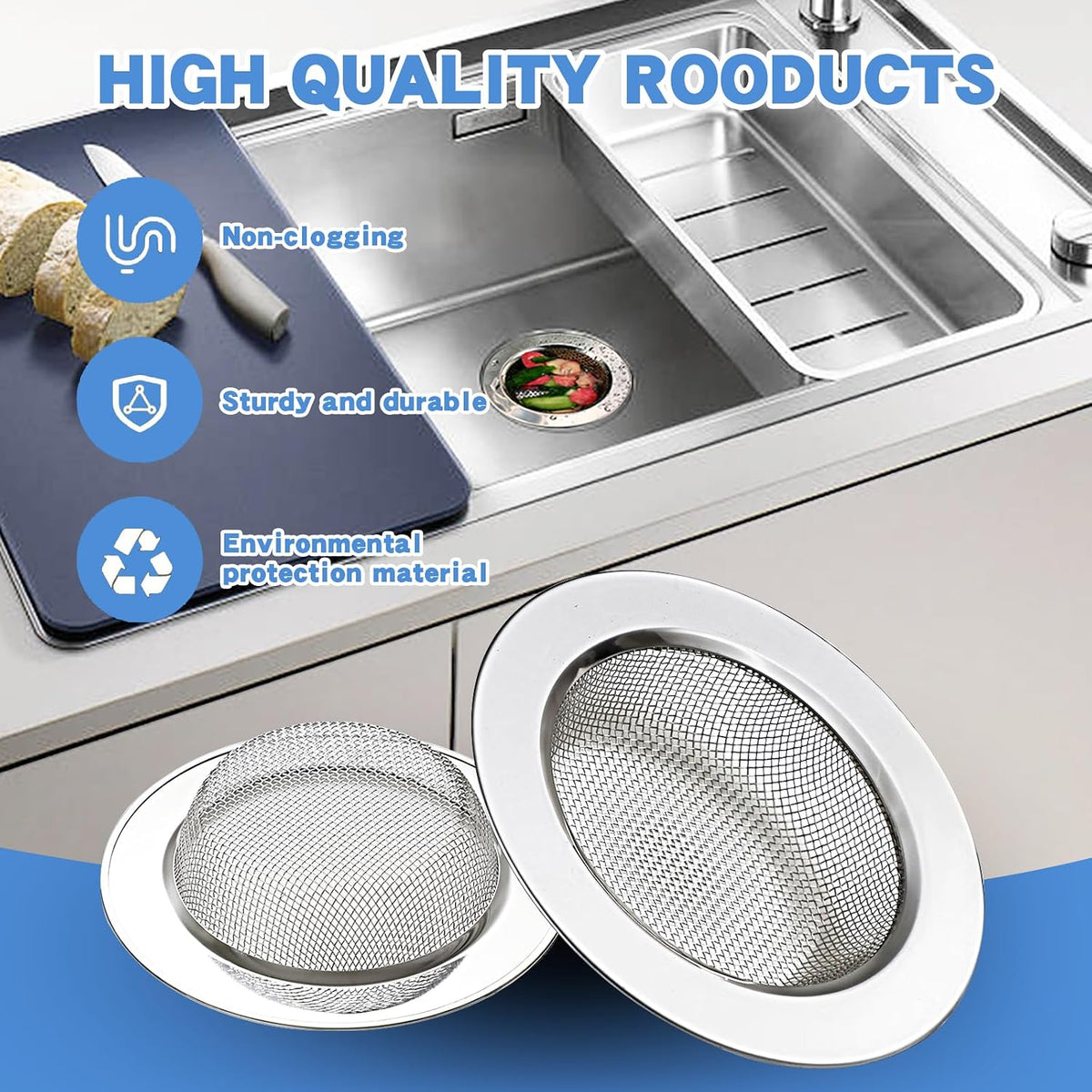 2Pack Stainless Kitchen Sink Strainer 4.4in Wide Rim Mesh Silver