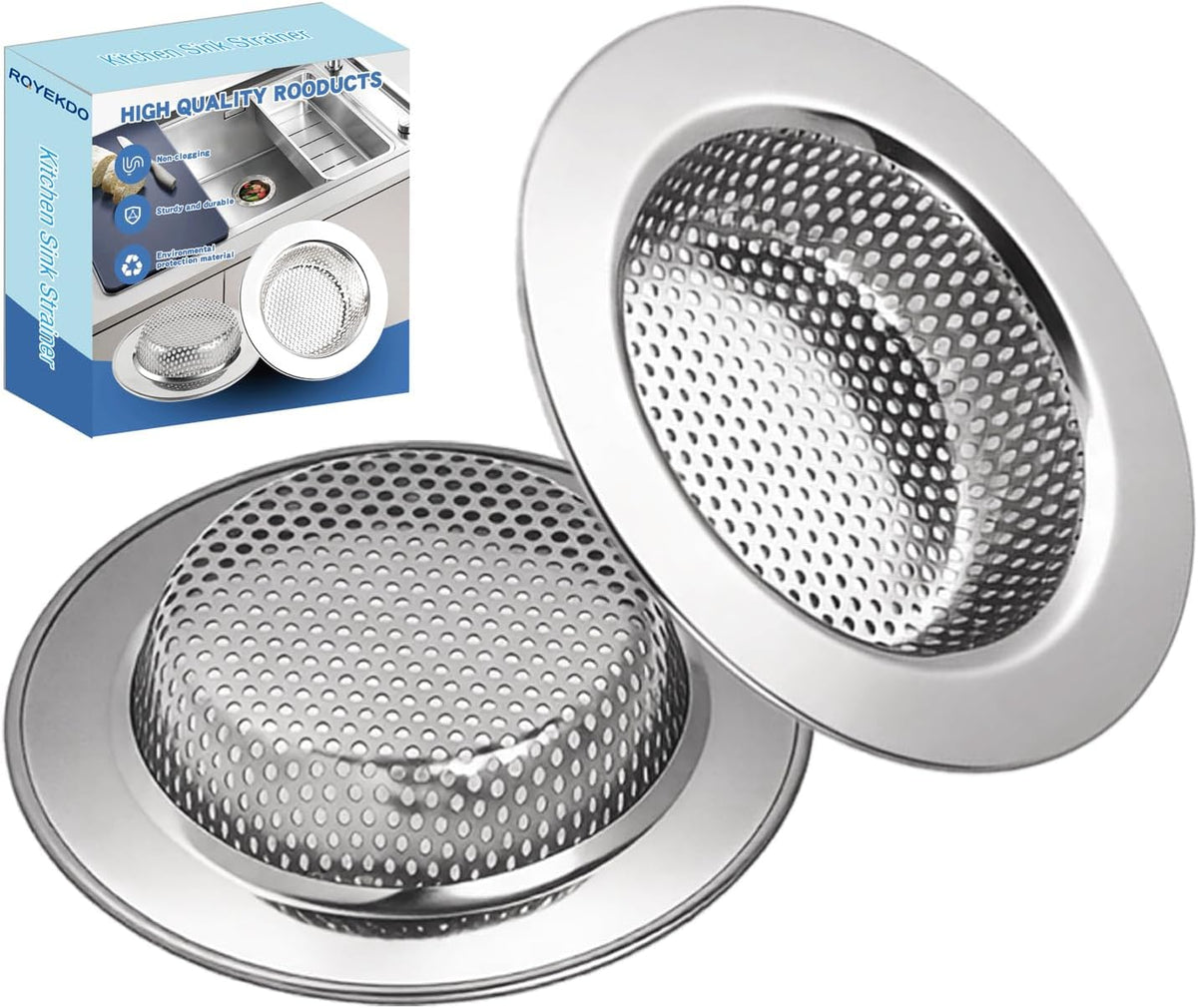 2Pack Stainless Kitchen Sink Strainer 4.4in Wide Rim Mesh Silver