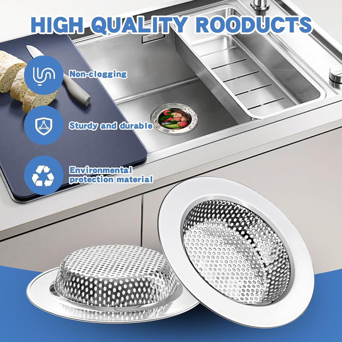 2Pack Stainless Kitchen Sink Strainer 4.4in Wide Rim Mesh Silver