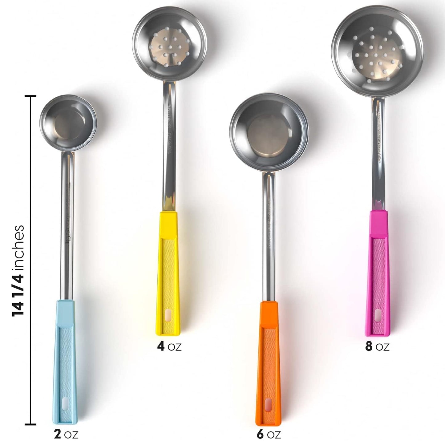 Portion Control Serving Spoons, 8 Piece Set | Restaurant Measuring Serving Ladle Utensils, Includes 2, 4, 6, 8 oz Solid & Perforated Scoops, 14-1/4" Long