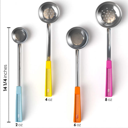 Portion Control Serving Spoons, 8 Piece Set | Restaurant Measuring Serving Ladle Utensils, Includes 2, 4, 6, 8 oz Solid & Perforated Scoops, 14-1/4" Long
