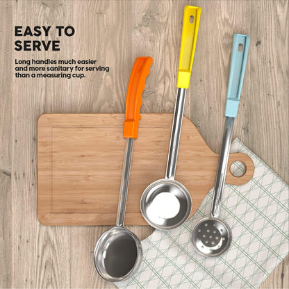 Portion Control Serving Spoons, 8 Piece Set | Restaurant Measuring Serving Ladle Utensils, Includes 2, 4, 6, 8 oz Solid & Perforated Scoops, 14-1/4" Long