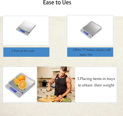 Kitchen Scale, Digital Food Scale Weight Grams and OZ for Cooking Baking, Coffee, Loss Dieting, Jewelry and Meal Prep, 2 Trays, LCD, Auto Off, Tare Function, Stainless Steel(500g/0.01g)