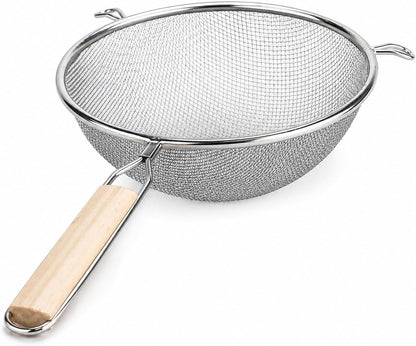 8-Inch Stainless Steel Double Mesh Food Strainer Colander - Fine Sieve Sifter with Wooden Handle for Kitchen Cooking, Pasta, Rice, Noodles, and More