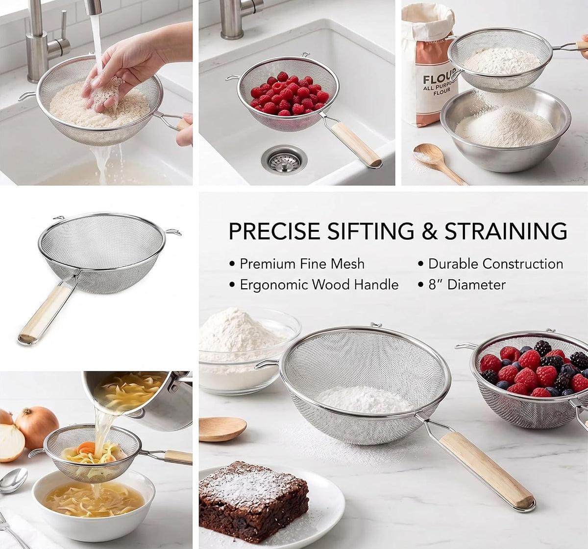 8-Inch Stainless Steel Double Mesh Food Strainer Colander - Fine Sieve Sifter with Wooden Handle for Kitchen Cooking, Pasta, Rice, Noodles, and More