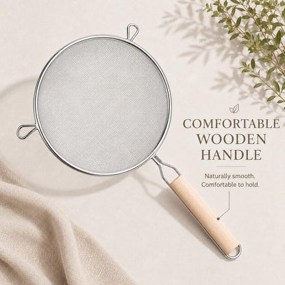8-Inch Stainless Steel Double Mesh Food Strainer Colander - Fine Sieve Sifter with Wooden Handle for Kitchen Cooking, Pasta, Rice, Noodles, and More