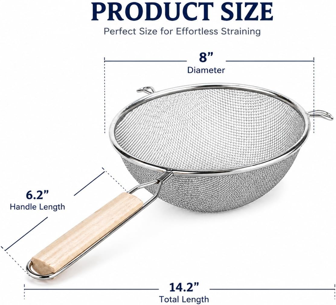 8-Inch Stainless Steel Double Mesh Food Strainer Colander - Fine Sieve Sifter with Wooden Handle for Kitchen Cooking, Pasta, Rice, Noodles, and More