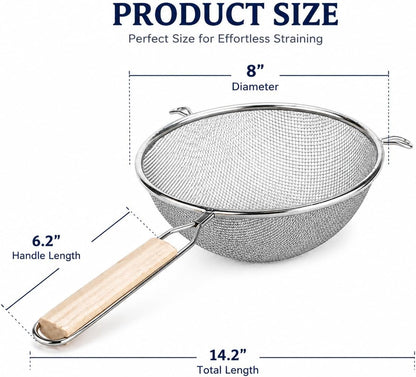 8-Inch Stainless Steel Double Mesh Food Strainer Colander - Fine Sieve Sifter with Wooden Handle for Kitchen Cooking, Pasta, Rice, Noodles, and More