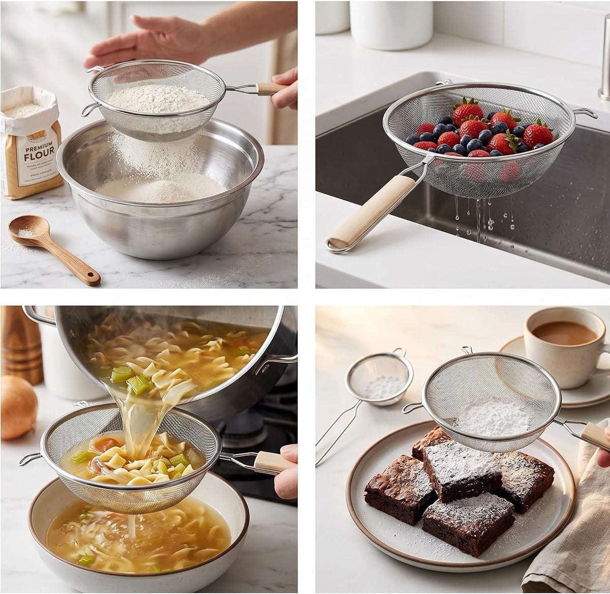 8-Inch Stainless Steel Double Mesh Food Strainer Colander - Fine Sieve Sifter with Wooden Handle for Kitchen Cooking, Pasta, Rice, Noodles, and More