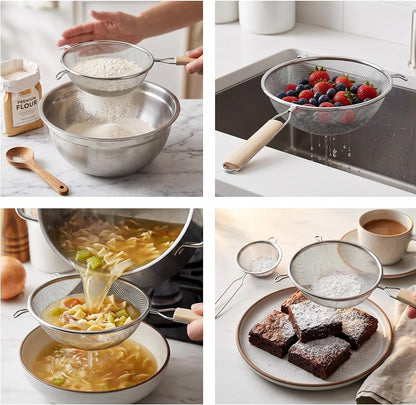 8-Inch Stainless Steel Double Mesh Food Strainer Colander - Fine Sieve Sifter with Wooden Handle for Kitchen Cooking, Pasta, Rice, Noodles, and More