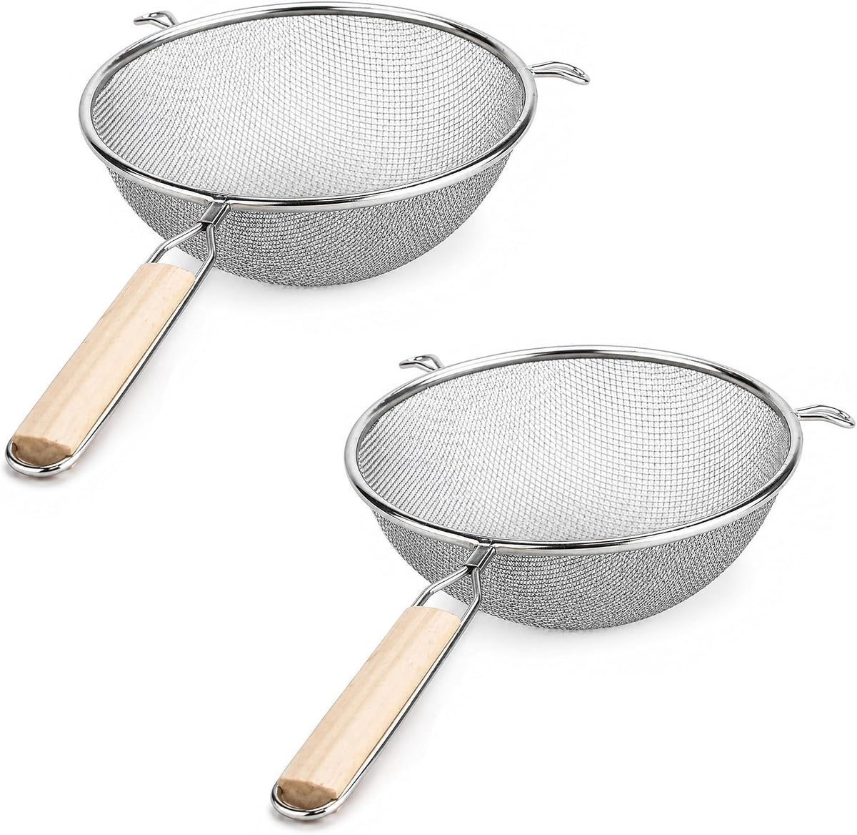 8-Inch Stainless Steel Double Mesh Food Strainer Colander - Fine Sieve Sifter with Wooden Handle for Kitchen Cooking, Pasta, Rice, Noodles, and More