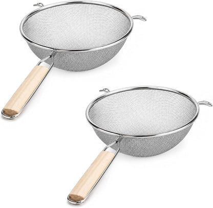 8-Inch Stainless Steel Double Mesh Food Strainer Colander - Fine Sieve Sifter with Wooden Handle for Kitchen Cooking, Pasta, Rice, Noodles, and More
