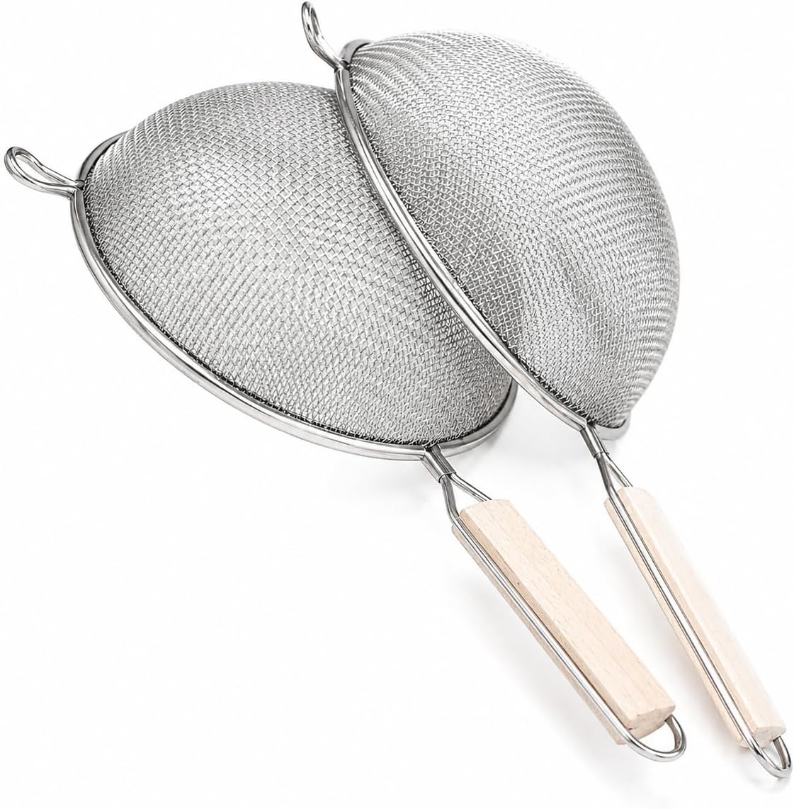 8-Inch Stainless Steel Double Mesh Food Strainer Colander - Fine Sieve Sifter with Wooden Handle for Kitchen Cooking, Pasta, Rice, Noodles, and More