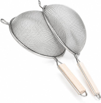 8-Inch Stainless Steel Double Mesh Food Strainer Colander - Fine Sieve Sifter with Wooden Handle for Kitchen Cooking, Pasta, Rice, Noodles, and More