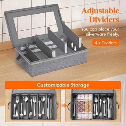 Silverware Storage Box, Covered Flatware Organizer with Zipper Lid, 5 Compartment Cutlery Case with Adjustable Divider and Handle, Utensil Container for Spoon Fork Knives, 1 Pack