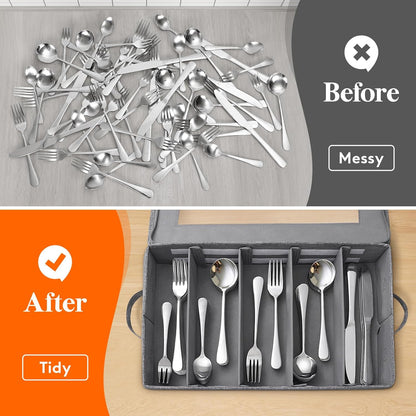Silverware Storage Box, Covered Flatware Organizer with Zipper Lid, 5 Compartment Cutlery Case with Adjustable Divider and Handle, Utensil Container for Spoon Fork Knives, 1 Pack