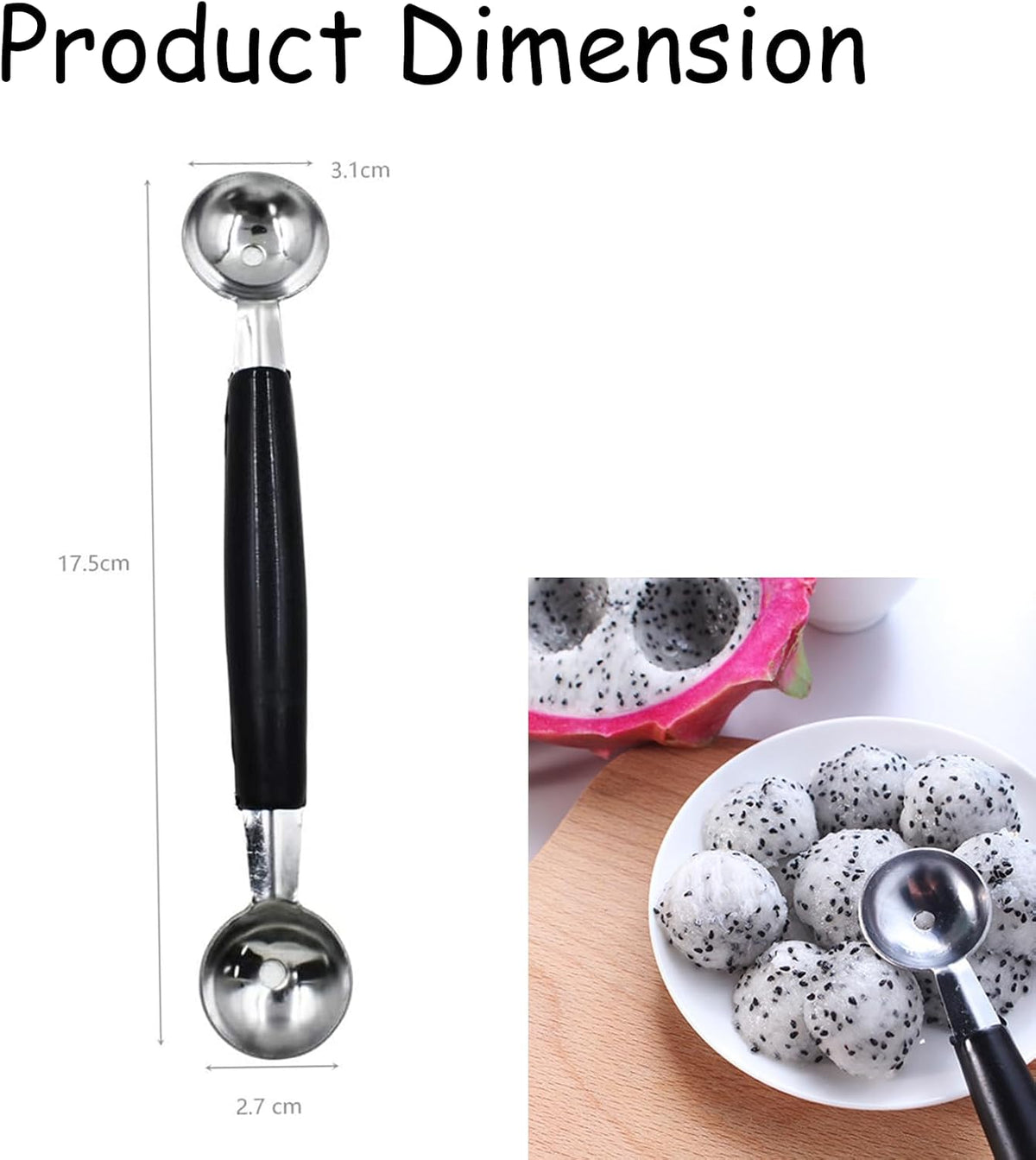 Melon Baller Scoop,Stainless Steel Double Ended Headed Fruit Ice Cream Ball Spoon,DIY Fruit Platter Ball Tool Scooper for Watermelon/Ice Cream/Fruits/Meatball/Sorbet