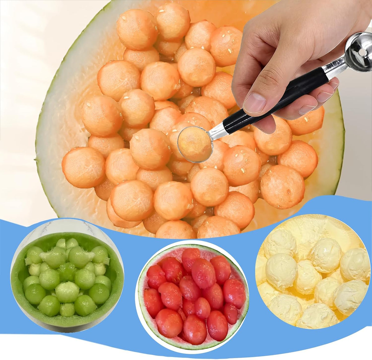 Melon Baller Scoop,Stainless Steel Double Ended Headed Fruit Ice Cream Ball Spoon,DIY Fruit Platter Ball Tool Scooper for Watermelon/Ice Cream/Fruits/Meatball/Sorbet
