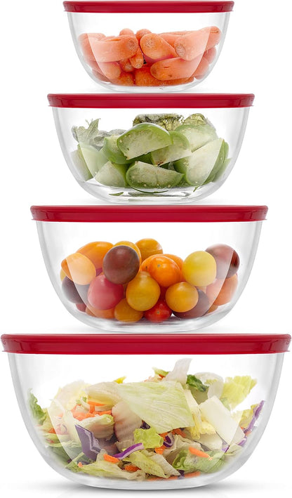 Kitchen Mixing Bowls - 8pc Glass with Lids Set – Neat Nesting Large Bowl Batter Cooking Storage and Big Salad BPA-Free Red