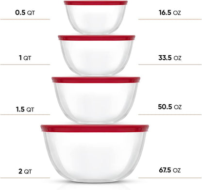 Kitchen Mixing Bowls - 8pc Glass with Lids Set – Neat Nesting Large Bowl Batter Cooking Storage and Big Salad BPA-Free Red