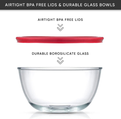 Kitchen Mixing Bowls - 8pc Glass with Lids Set – Neat Nesting Large Bowl Batter Cooking Storage and Big Salad BPA-Free Red