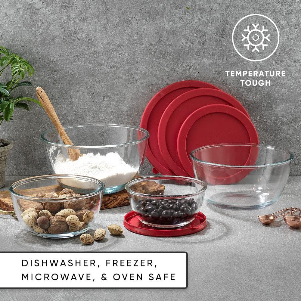 Kitchen Mixing Bowls - 8pc Glass with Lids Set – Neat Nesting Large Bowl Batter Cooking Storage and Big Salad BPA-Free Red