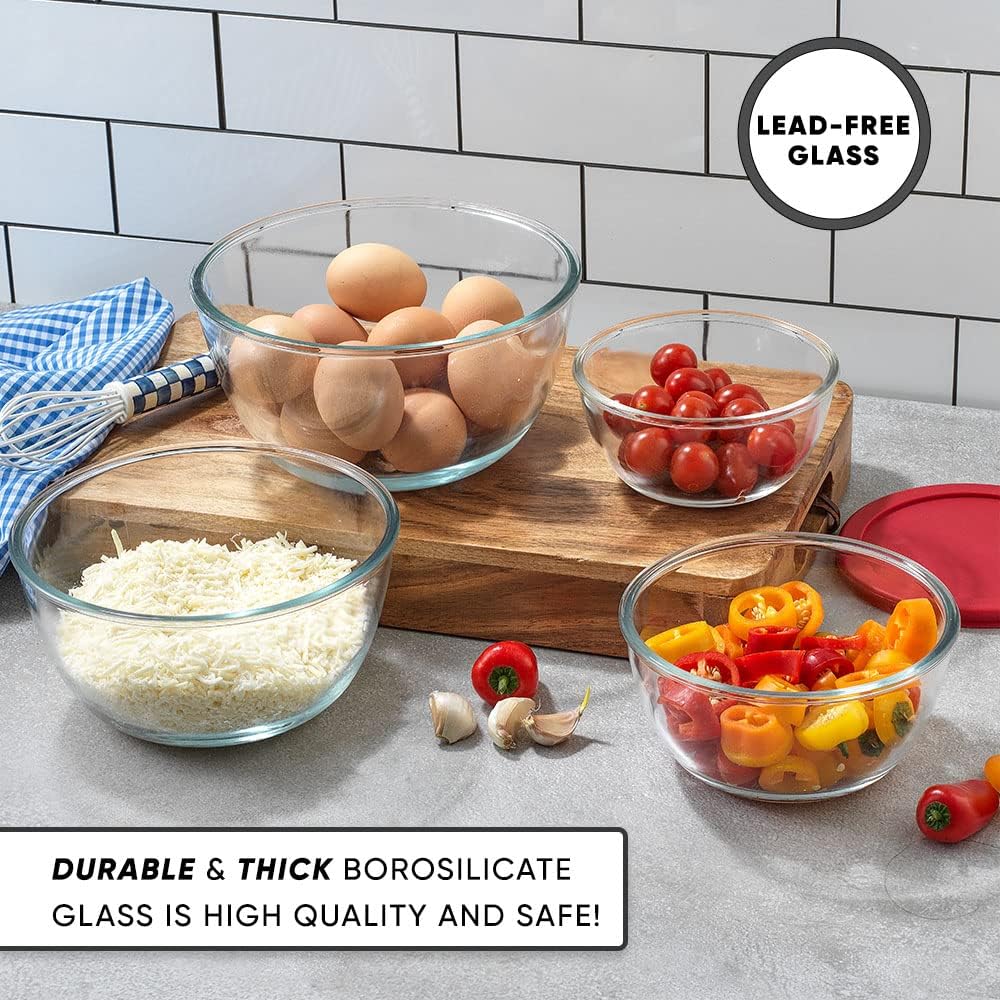 Kitchen Mixing Bowls - 8pc Glass with Lids Set – Neat Nesting Large Bowl Batter Cooking Storage and Big Salad BPA-Free Red