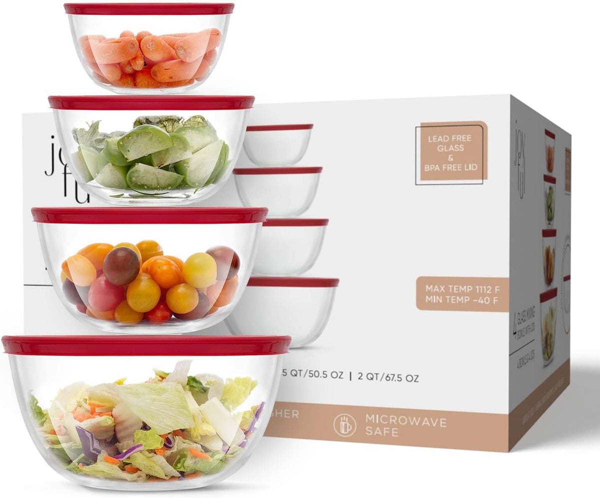Kitchen Mixing Bowls - 8pc Glass with Lids Set – Neat Nesting Large Bowl Batter Cooking Storage and Big Salad BPA-Free Red