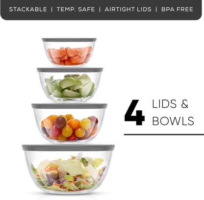 Kitchen Mixing Bowls - 8pc Glass with Lids Set – Neat Nesting Large Bowl Batter Cooking Storage and Big Salad BPA-Free Red