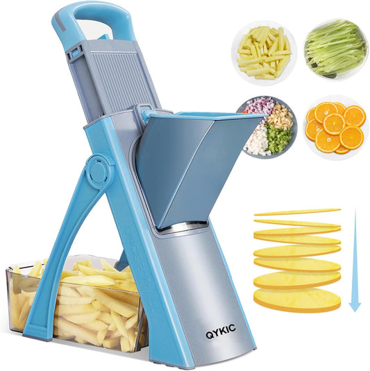 QYKIC Safe Mandoline Slicer Pro for Kitchen, Adjustable 0.1-8mm 6 in 1 Blue | Potato Slicer Onion Chopper Fry Cutter Julienne Dicer Large Chute Stainless Steel Blades Detachable Dishwasher Safe Gifts