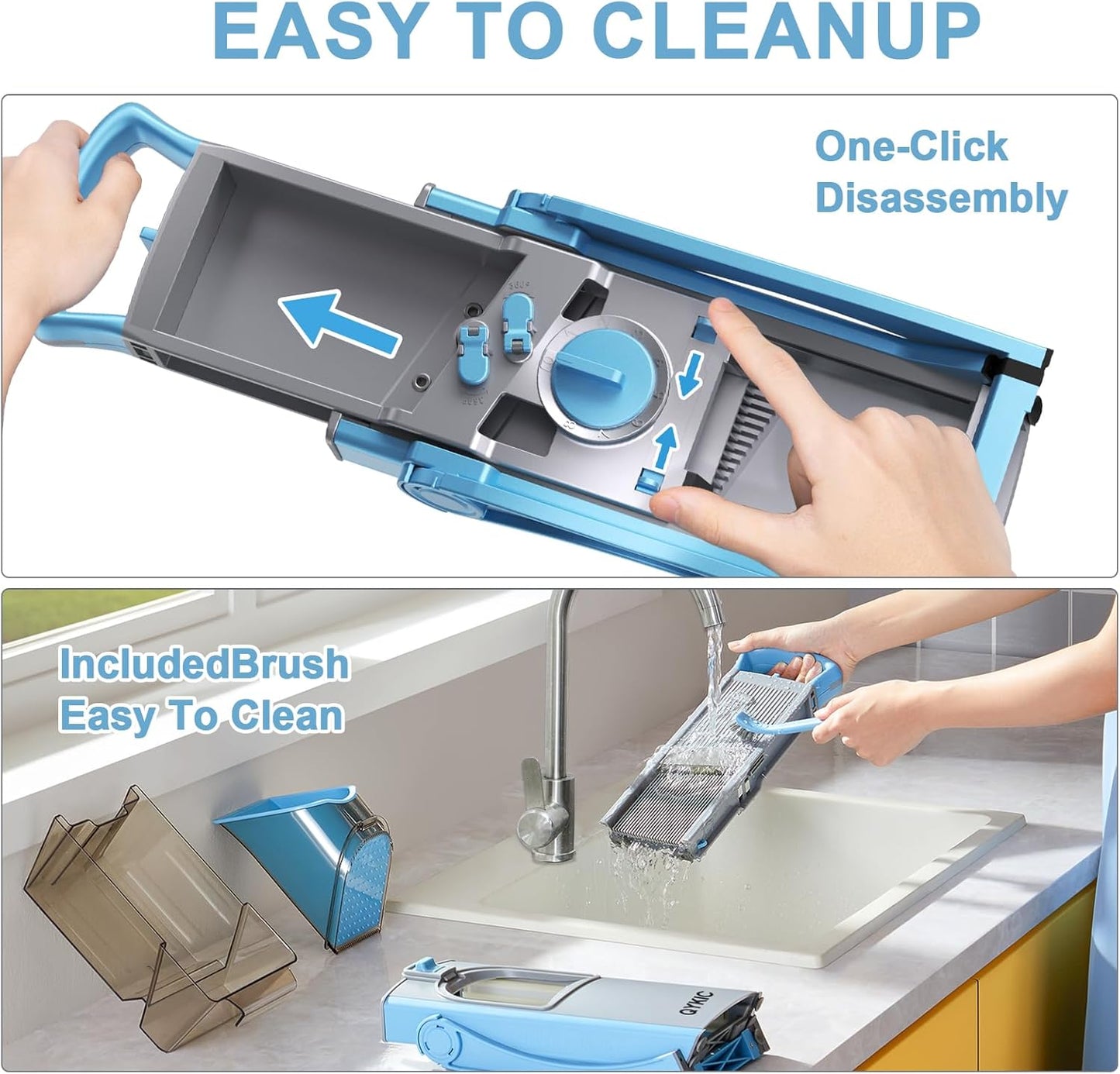 QYKIC Safe Mandoline Slicer Pro for Kitchen, Adjustable 0.1-8mm 6 in 1 Blue | Potato Slicer Onion Chopper Fry Cutter Julienne Dicer Large Chute Stainless Steel Blades Detachable Dishwasher Safe Gifts