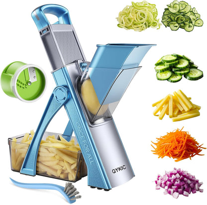 QYKIC Safe Mandoline Slicer Pro for Kitchen, Adjustable 0.1-8mm 6 in 1 Blue | Potato Slicer Onion Chopper Fry Cutter Julienne Dicer Large Chute Stainless Steel Blades Detachable Dishwasher Safe Gifts