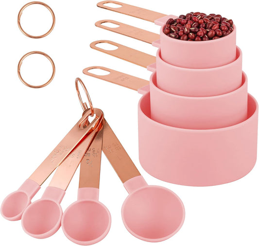 8-Piece Stackable Rose Gold Stainless Steel Handled Measuring Cups | and Spoons for Measuring Dry and Liquid Ingredients (Pink)