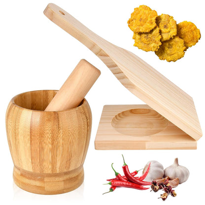 2 Kitchen Tools Including Mortar and Pestle Set and Wood Tostonera Plantain Press, Natural Plantain Smasher for Fried Banana Pepper Spices Garlic Press Grinder Chopper Crusher