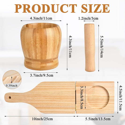 2 Kitchen Tools Including Mortar and Pestle Set and Wood Tostonera Plantain Press, Natural Plantain Smasher for Fried Banana Pepper Spices Garlic Press Grinder Chopper Crusher