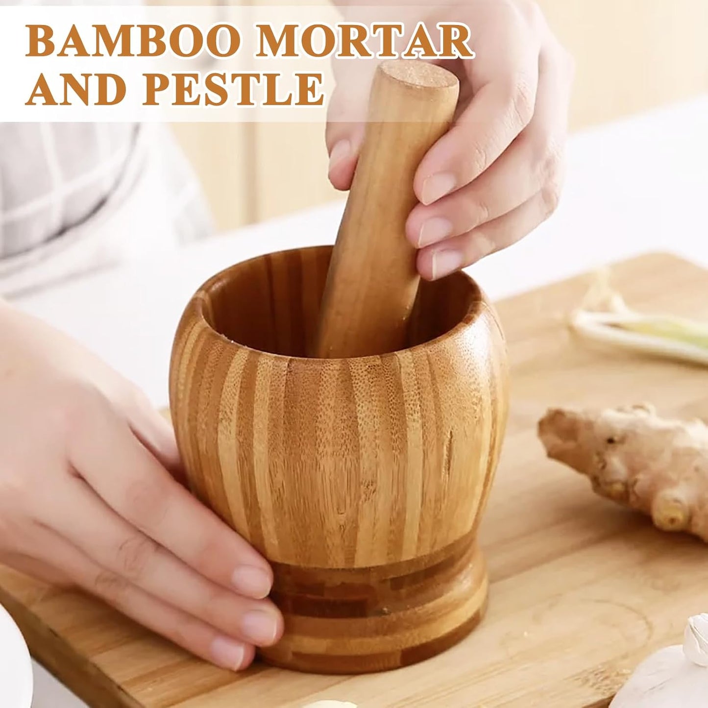 2 Kitchen Tools Including Mortar and Pestle Set and Wood Tostonera Plantain Press, Natural Plantain Smasher for Fried Banana Pepper Spices Garlic Press Grinder Chopper Crusher