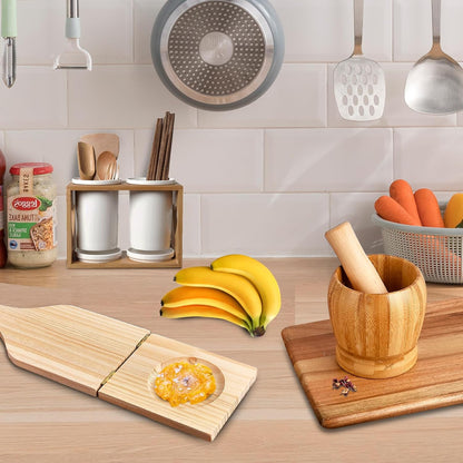 2 Kitchen Tools Including Mortar and Pestle Set and Wood Tostonera Plantain Press, Natural Plantain Smasher for Fried Banana Pepper Spices Garlic Press Grinder Chopper Crusher