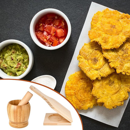 2 Kitchen Tools Including Mortar and Pestle Set and Wood Tostonera Plantain Press, Natural Plantain Smasher for Fried Banana Pepper Spices Garlic Press Grinder Chopper Crusher