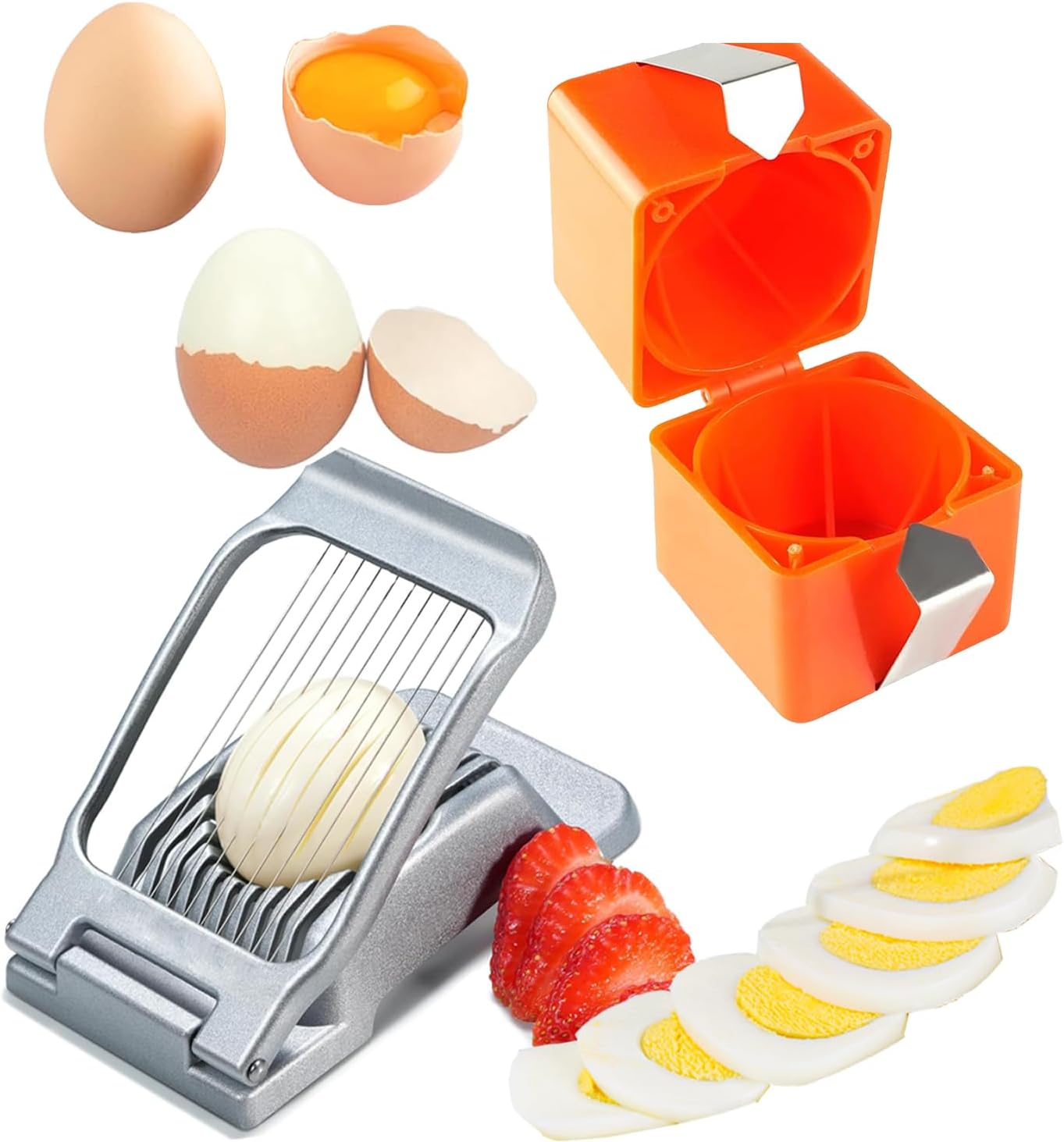 2 in 1 Set: Egg Slicer + Egg Shell Opener Peeler Tool for Hard Boiled Eggs | Stainless Steel Cutter, Aluminum Alloy Frame, for Egg Strawberry Mushroom Hot Dog Soft Fruit, Kitchen Tool Utensils, Cracker