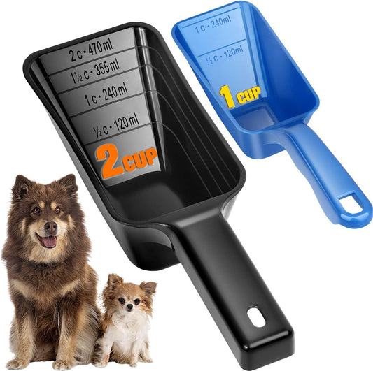 2-Pack Dog Food Scoop Set,1 Cup and 2 Cup Plastic Pet Food Measuring Scoops with Clear Measurement Lines,Multi-Purpose Pet Food Scooper for Dogs, Cats (Blue and Black)