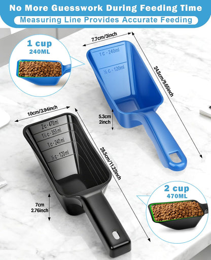 2-Pack Dog Food Scoop Set,1 Cup and 2 Cup Plastic Pet Food Measuring Scoops with Clear Measurement Lines,Multi-Purpose Pet Food Scooper for Dogs, Cats (Blue and Black)