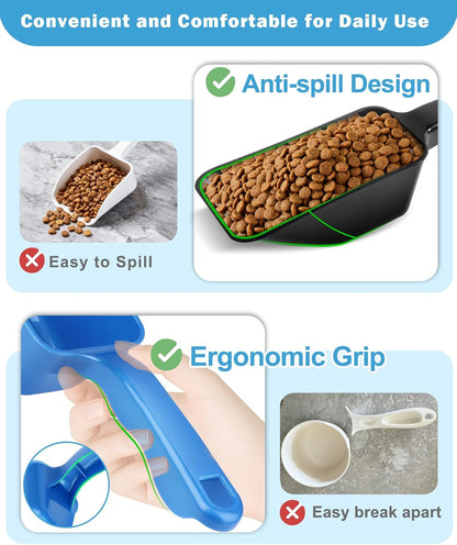 2-Pack Dog Food Scoop Set,1 Cup and 2 Cup Plastic Pet Food Measuring Scoops with Clear Measurement Lines,Multi-Purpose Pet Food Scooper for Dogs, Cats (Blue and Black)