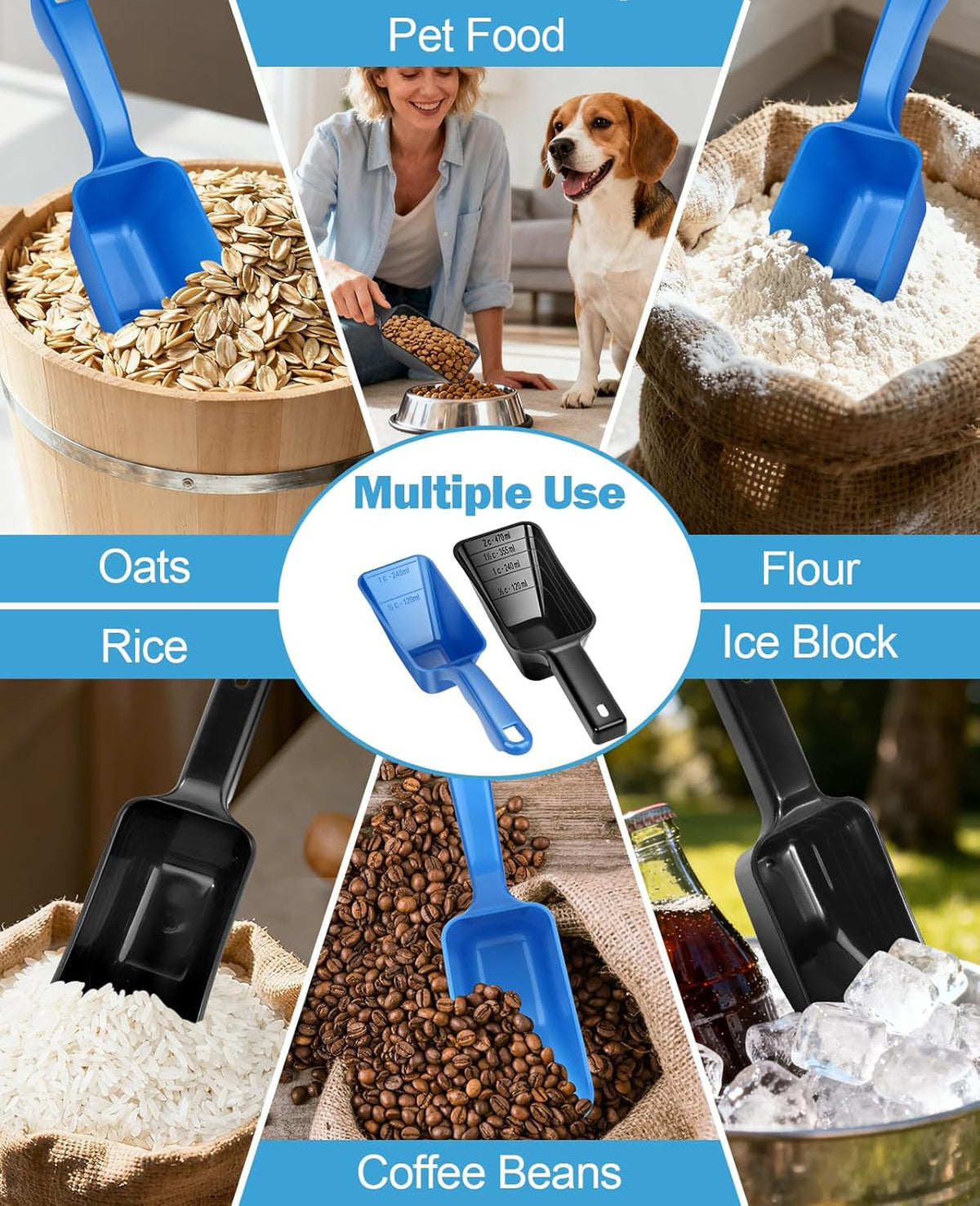 2-Pack Dog Food Scoop Set,1 Cup and 2 Cup Plastic Pet Food Measuring Scoops with Clear Measurement Lines,Multi-Purpose Pet Food Scooper for Dogs, Cats (Blue and Black)