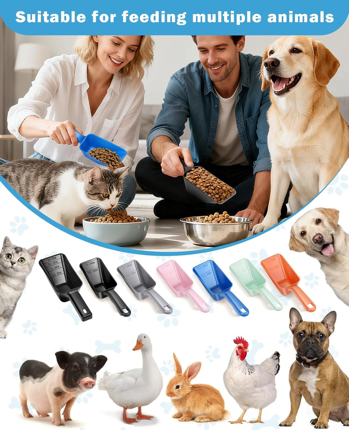 2-Pack Dog Food Scoop Set,1 Cup and 2 Cup Plastic Pet Food Measuring Scoops with Clear Measurement Lines,Multi-Purpose Pet Food Scooper for Dogs, Cats (Blue and Black)