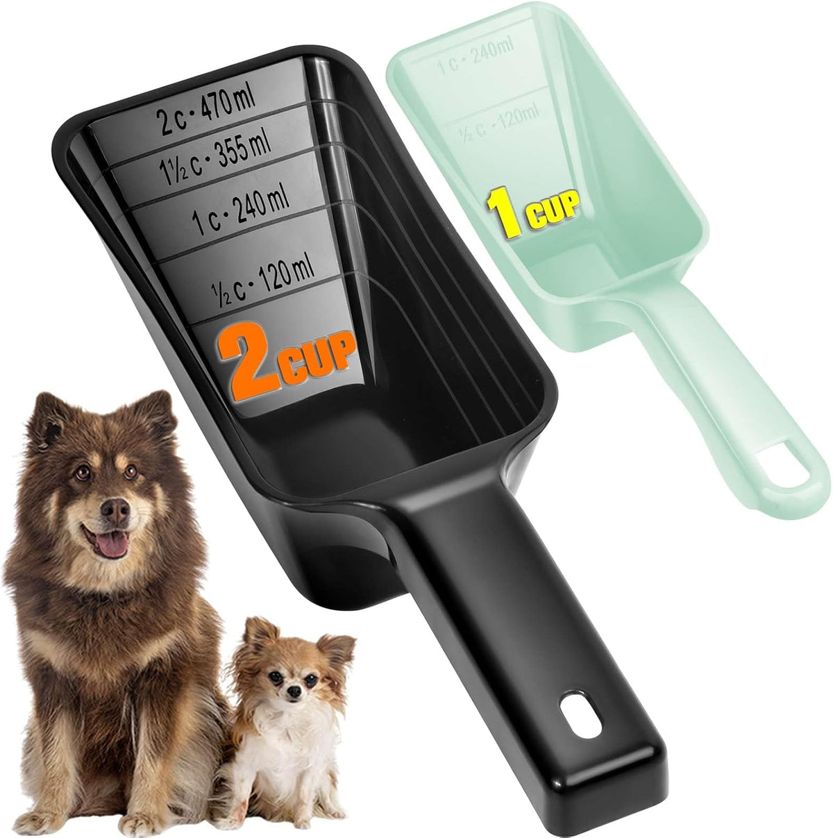 2-Pack Dog Food Scoop Set,1 Cup and 2 Cup Plastic Pet Food Measuring Scoops with Clear Measurement Lines,Multi-Purpose Pet Food Scooper for Dogs, Cats (Blue and Black)