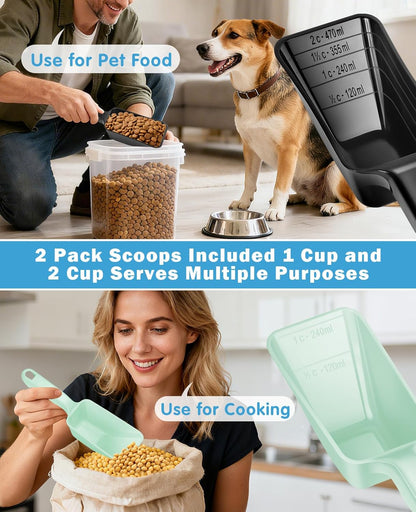 2-Pack Dog Food Scoop Set,1 Cup and 2 Cup Plastic Pet Food Measuring Scoops with Clear Measurement Lines,Multi-Purpose Pet Food Scooper for Dogs, Cats (Blue and Black)