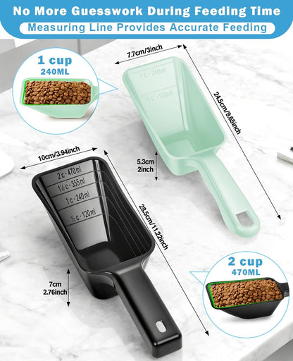 2-Pack Dog Food Scoop Set,1 Cup and 2 Cup Plastic Pet Food Measuring Scoops with Clear Measurement Lines,Multi-Purpose Pet Food Scooper for Dogs, Cats (Blue and Black)